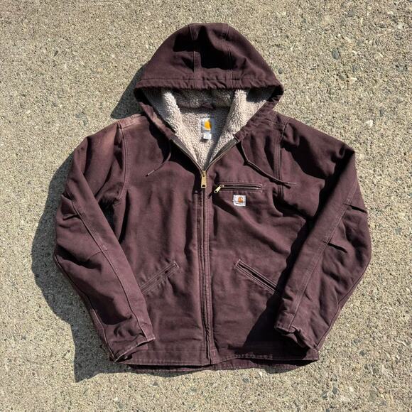 Vintage Women’s Carhartt Sherpa Lined Canvas Deep Wine Hooded Detroit Jacket - Picture 1 of 6